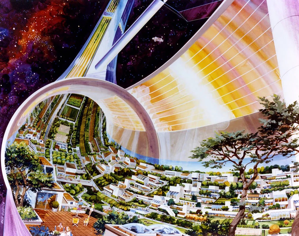 illustration of a space colony in a cylindar in space